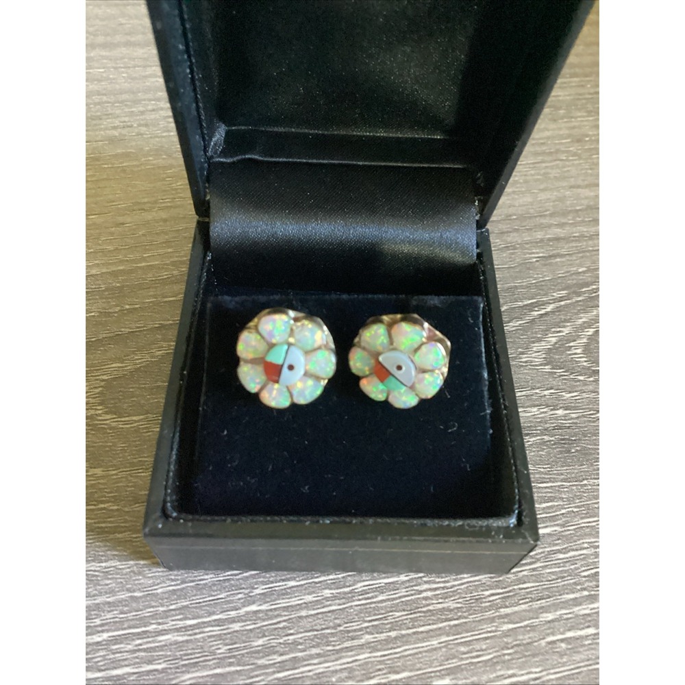 Vtg Zuni Style Opal Sunface Inlay Post Stud Earrings Pair Flower Silver Tone